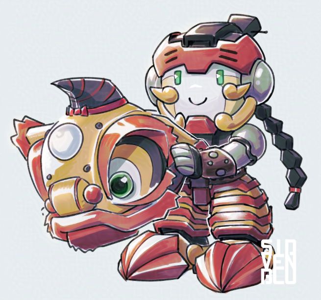 Chibi sketch of Hóng Zhăo, a lion dance leaguer. He's smiling while holding up the lion head for his performances