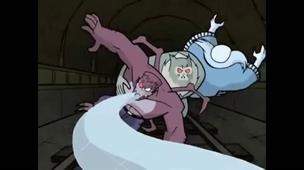 Munya and Argost hanging off of a subway while Fiskerton is making Munya remain attached by his webbing. They are flying through the air like a plastic bag in a hurricane