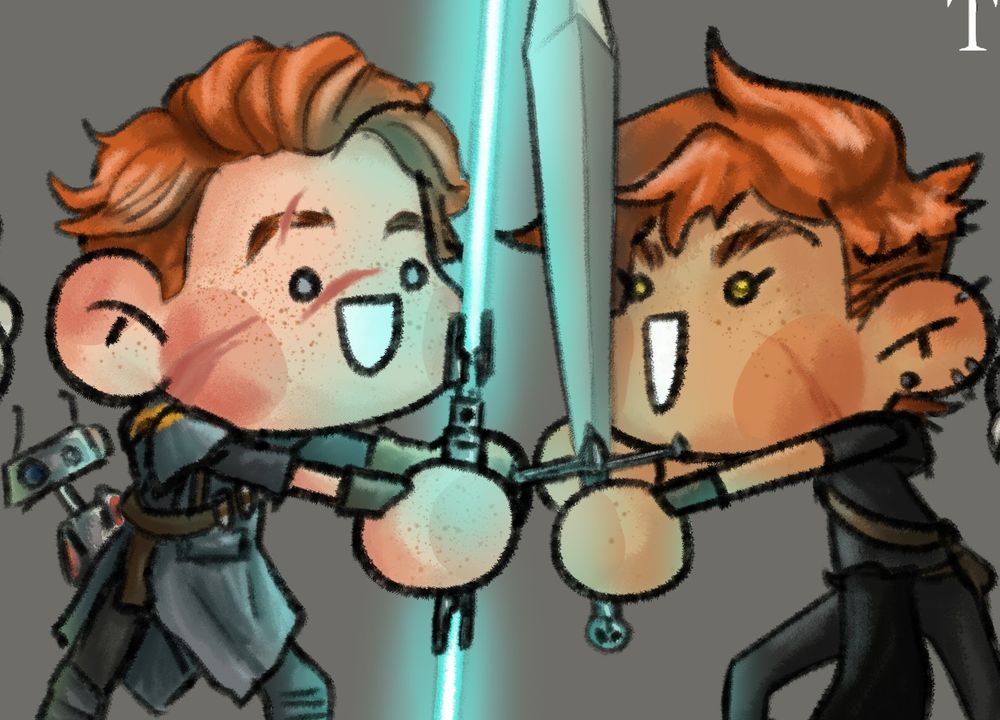 CAL KESTIS AND GIDEON NAV, THE PERFECT COMBO, THE TWO READHEAD SPACE KNIGHTS HOLDING THEIR SWORD AND SHOWING THEM TO ONE ANOTHER 