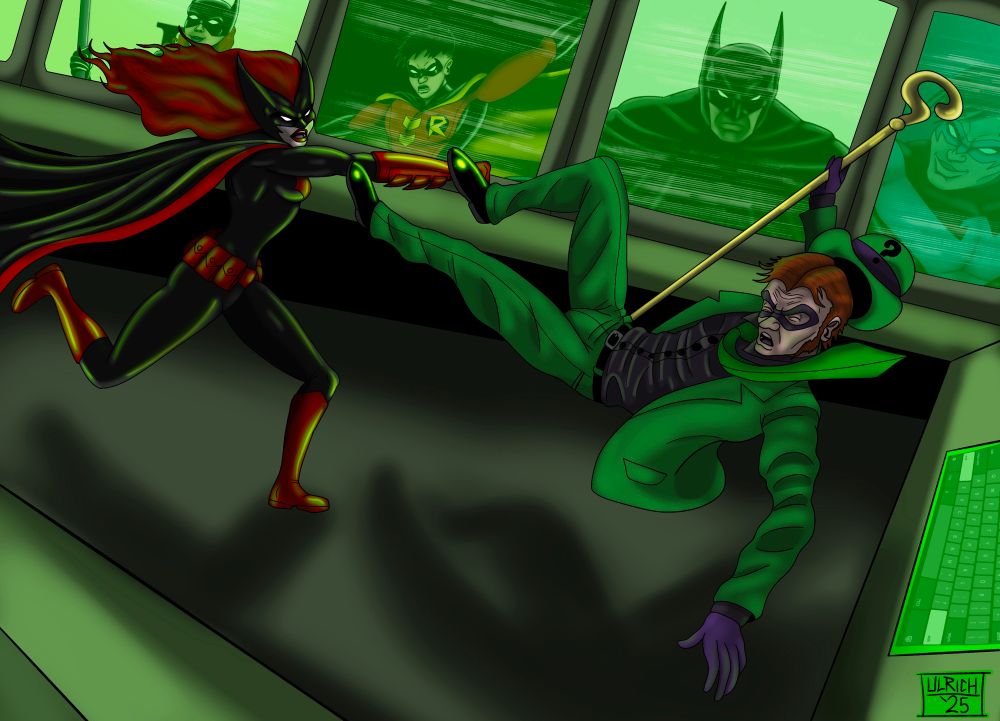 The Riddler getting a surprise punch from Batwoman in his control room. 