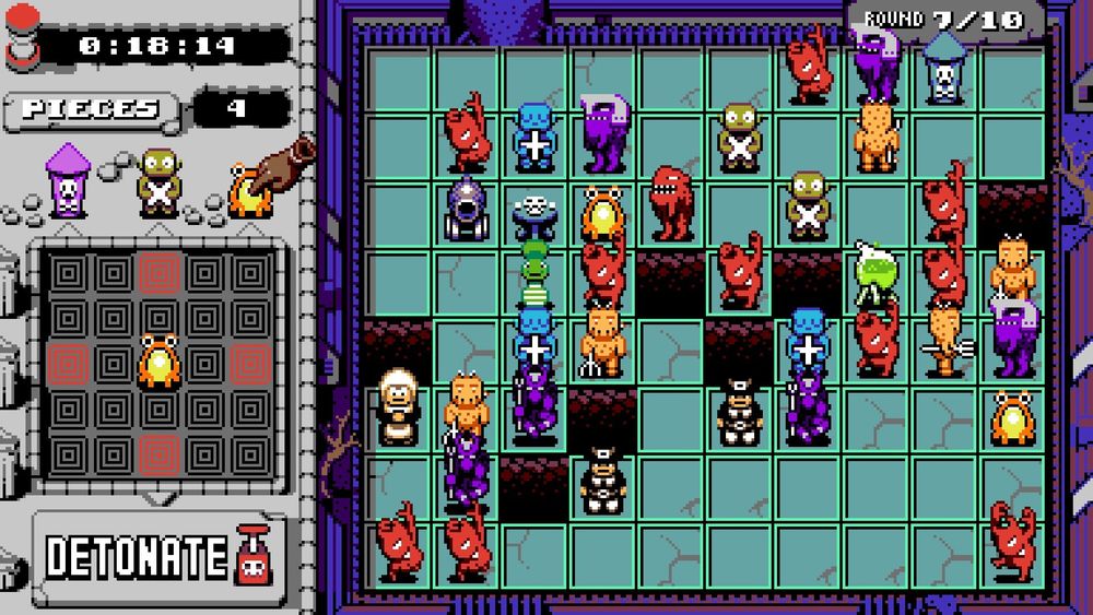 The board contains many demons and a few villagers. Red demons are destroyed with one explosion while purple demons take 2. 
Each piece has its own explosive range, so chaining them together is essential to win.
