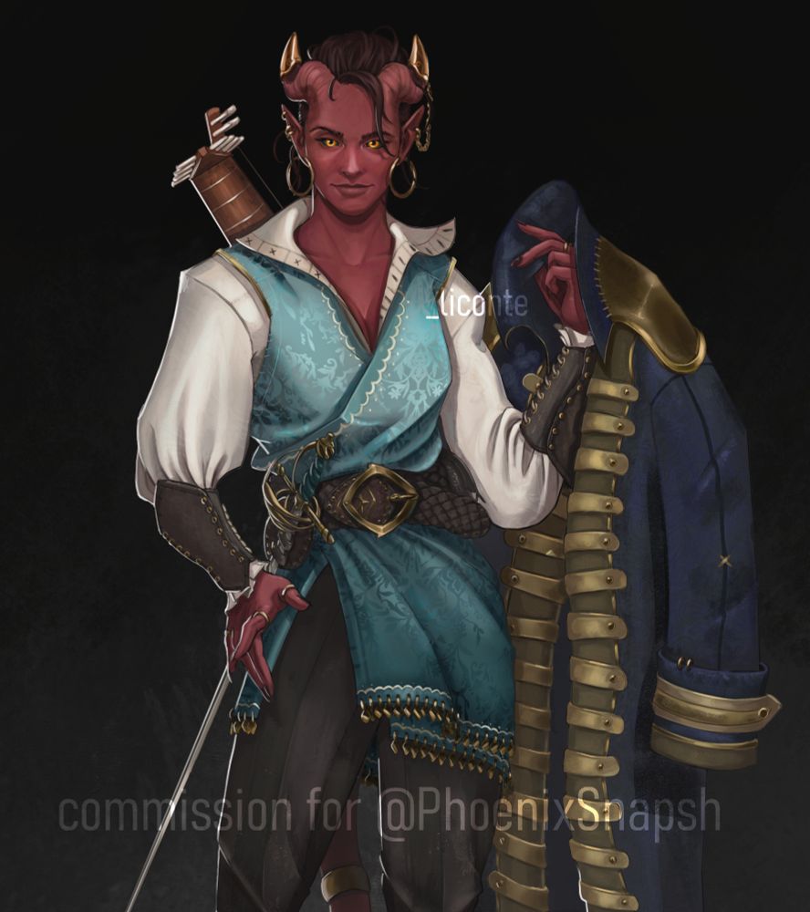 Against a grey background is the cropped version figure of Revel, a red tiefling bard from Dungeons and Dragons. She strikes a slouching pose, clutching her navy officer-style jacket, while her lute peeks out from behind her back. She wears a wide white pirate-style shirt, with a cyan-blue waistcoat over it, decorated with gold beads and patterns. She is also wearing simple, tight-fitting leather trousers and tall leather boots with gold detailing. In addition, she wears bracelets that cover her forearms and a wide belt, from which her rapier hangs. She has black eyes with yellow irises, her brown hair is tied back in a ponytail and she has many gold piercings and earrings, as well as rings on her hands and tail. This artwork was commissioned by @PhoenixSnapsh on Twitter.