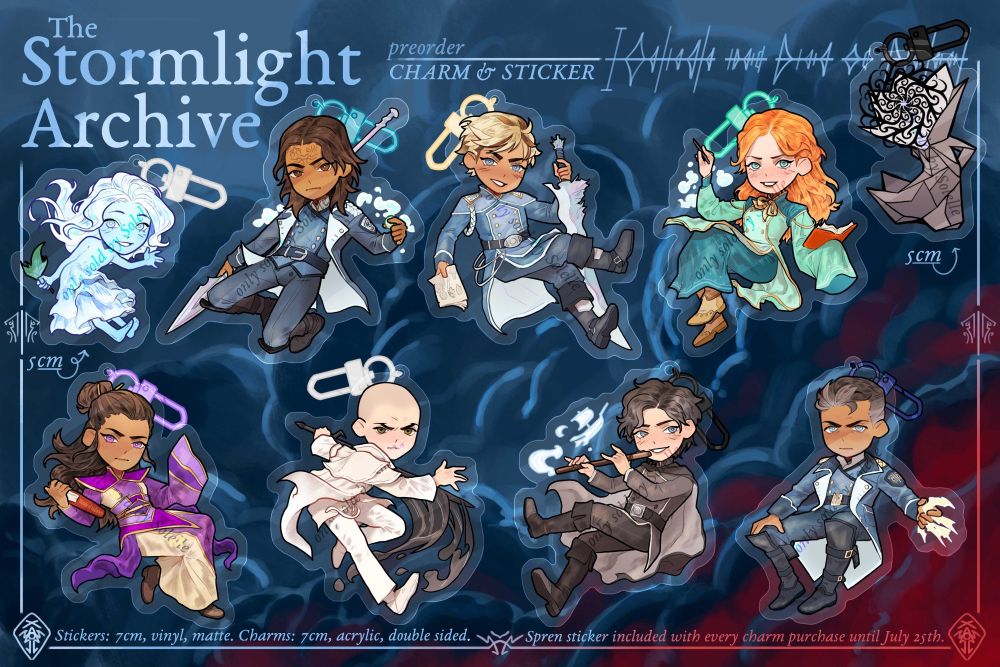 A picture showing a cute depiction of 9 Stormlight Archive characters as keychains. From left to right and up to down: Syl holding a leaf, Kaladin with a spear and consuming stormlight, Adolin with a fashion magazine and his sword, Shallan drawing, Pattern curious, Jasnah holding a Words of Radiance book, Szeth running at us with his black sword, Hoid also known as King's Wit creating illusions with his flute, and lastly Dalinar, stoickly creating light from his left hand. These all are available during a preorder.