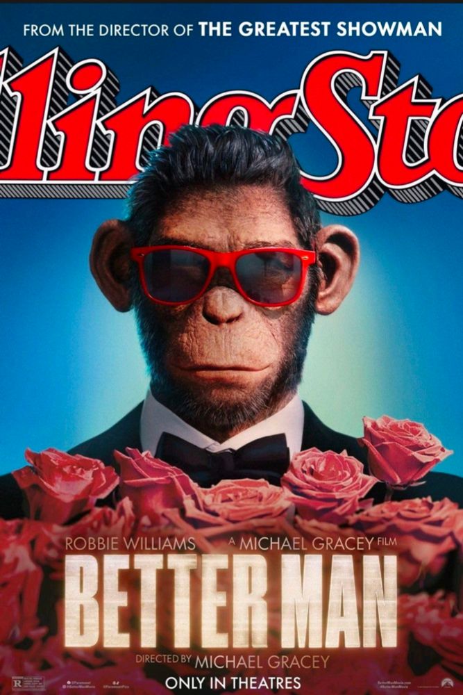 Movie poster of an anthropomorphic chimpanzee in a tuxedo wearing sunglasses on the cover of Rolling Stone magazine 