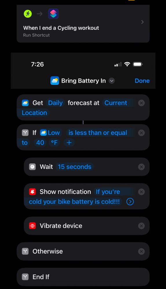 iOS shortcut that sends a notification when the weather is damaging to your ebike battery.