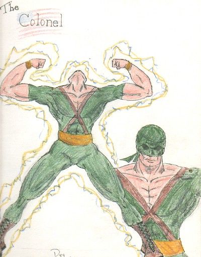 A superhero drawing with the figure's head thrown back...way too much.  Like, the torso is totally vertical, and the face isn't even visible as the head is bent back so far.  So much wrong.