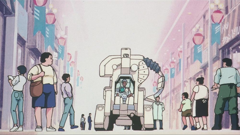 A frame from 1991's Roujin Z, about an old man in his robotic hospital bed going on adventures because the hospital bed is somewhat more feature-heavy than was a good idea.