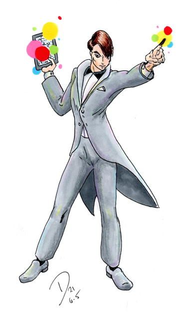 A man in a gray suit inspired by a tuxedo but without the cummerbund.  He is holding a tablet and casting a spell accompanied by various colored spheres, which are reflected on his suit.  Okay, he's technically got magical girl powers, it's complicated, they're still trying to figure out how he used the power of higher math to tap into the magical girl source.