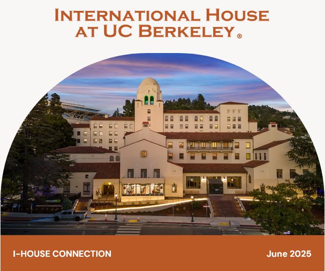 International House facade at dusk. Header graphic for I-House Connection June 2025