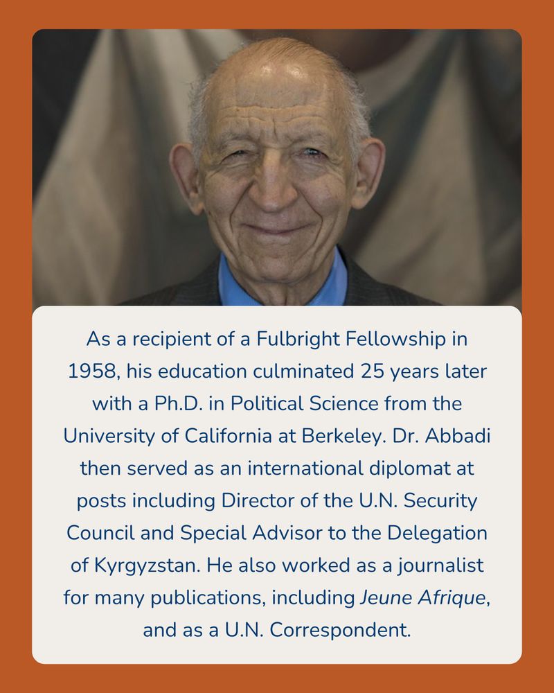 Portrait of Dr. Abbadi, a distinguished individual with a warm smile, wearing a suit. Description of Dr. Abbadi's career highlights, including his Ph.D. in Political Science, roles as a diplomat, Special Advisor to the U.N. Security Council, and journalist for various publications such as "Jeune Afrique."