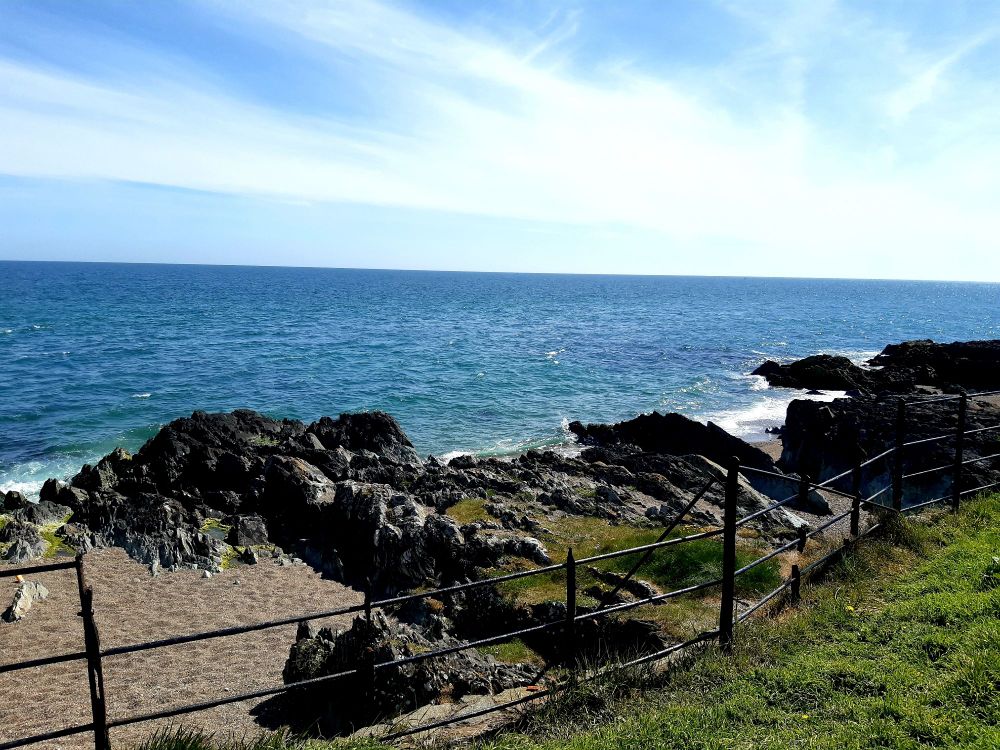 A railings in the foreground beyond which are cliffs leading down to the sea 