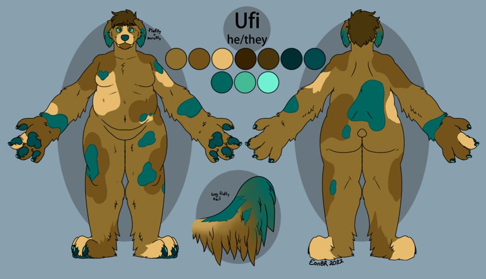 Ref Sheet for Ufi, a large brown and teal anthro dog. They use they/them pronouns. 