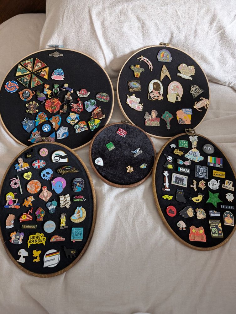 5 embroidery hoops filled with enamel pins. The pins refer to media like Dimension 20, 90s cartoons, Star Trek, Formula 1 and internet creators. 