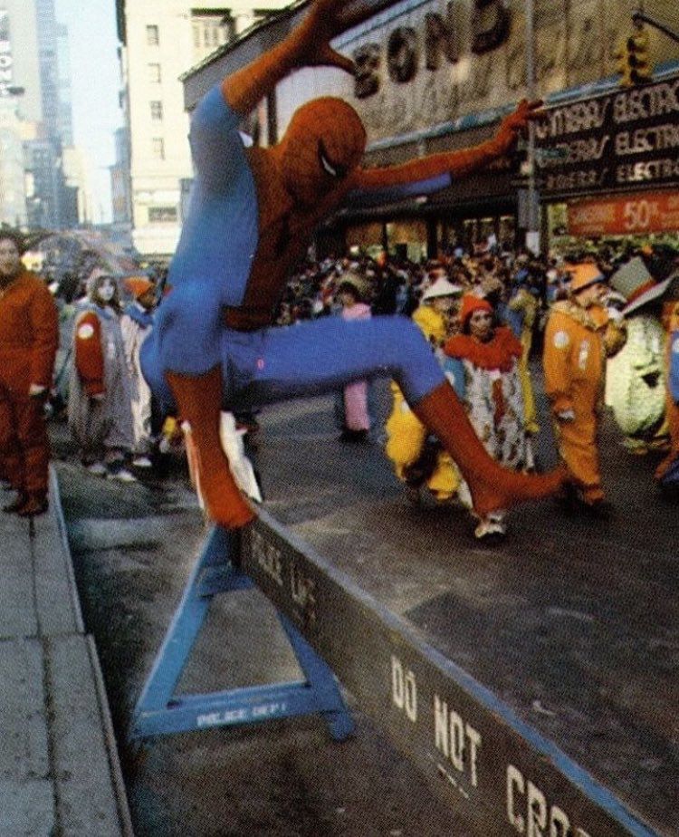 Actor Scott Leva performing as SpiderMan in the 1981 parade