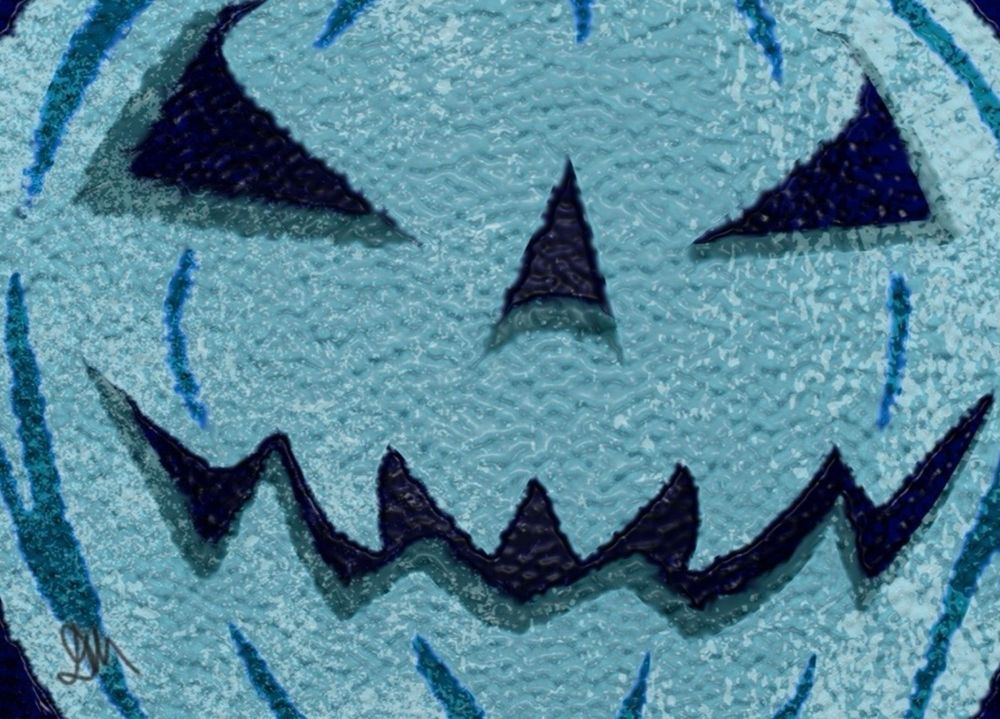 Close up drawing of a blue jack o lantern with texture added to it