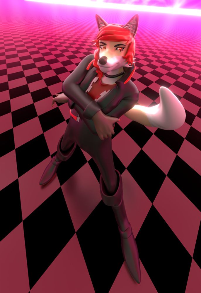 "vyriss" in a checker pattern liminal space looking at the viewer while having their arms crossed, legs spread, and a smirk.