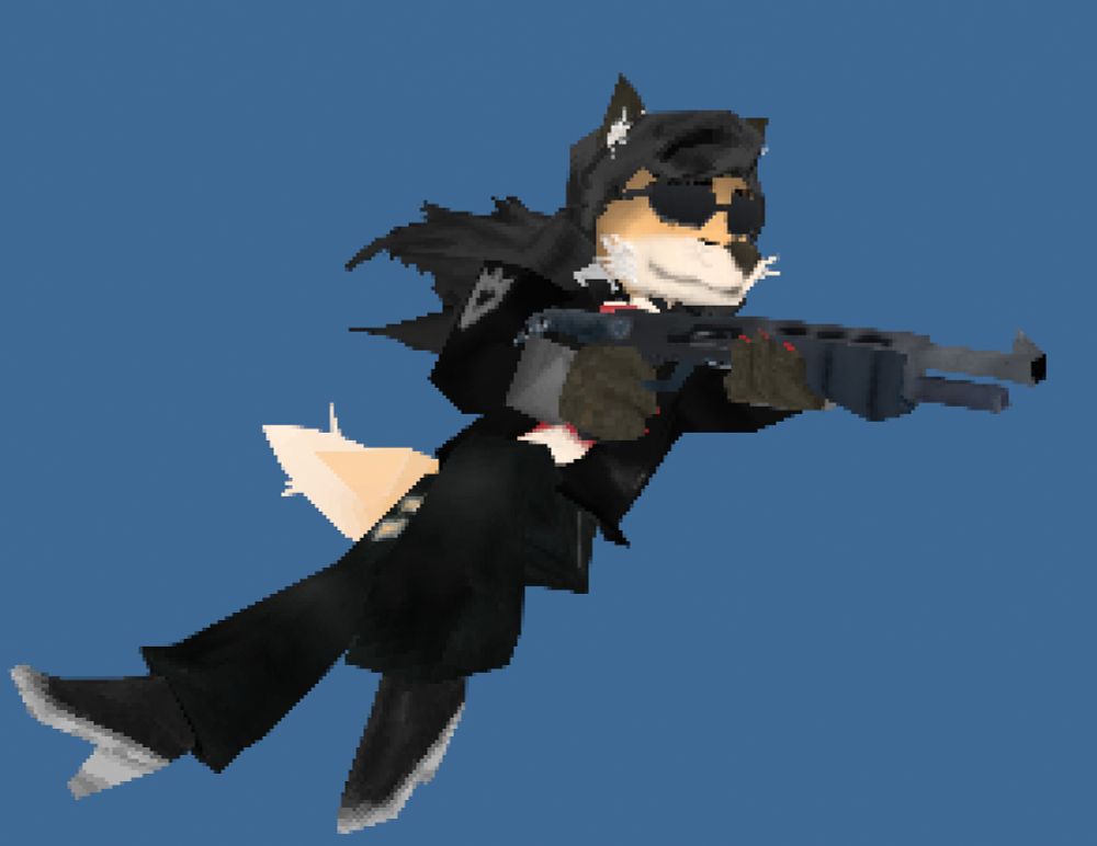 the character "Vyriss" in a matrix-esc cosplay holding a spas-12 in the style of a PS1 game