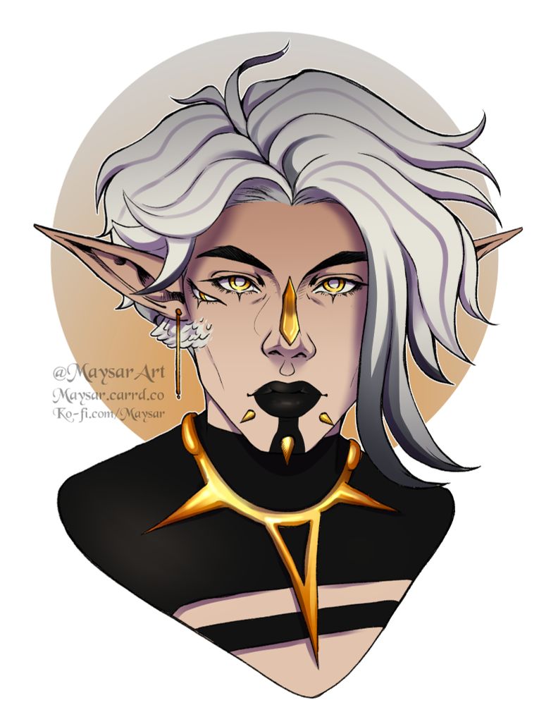 potrait of a character with three eyes, elf ears, white asymmetrical hair and feathers on their cheek 