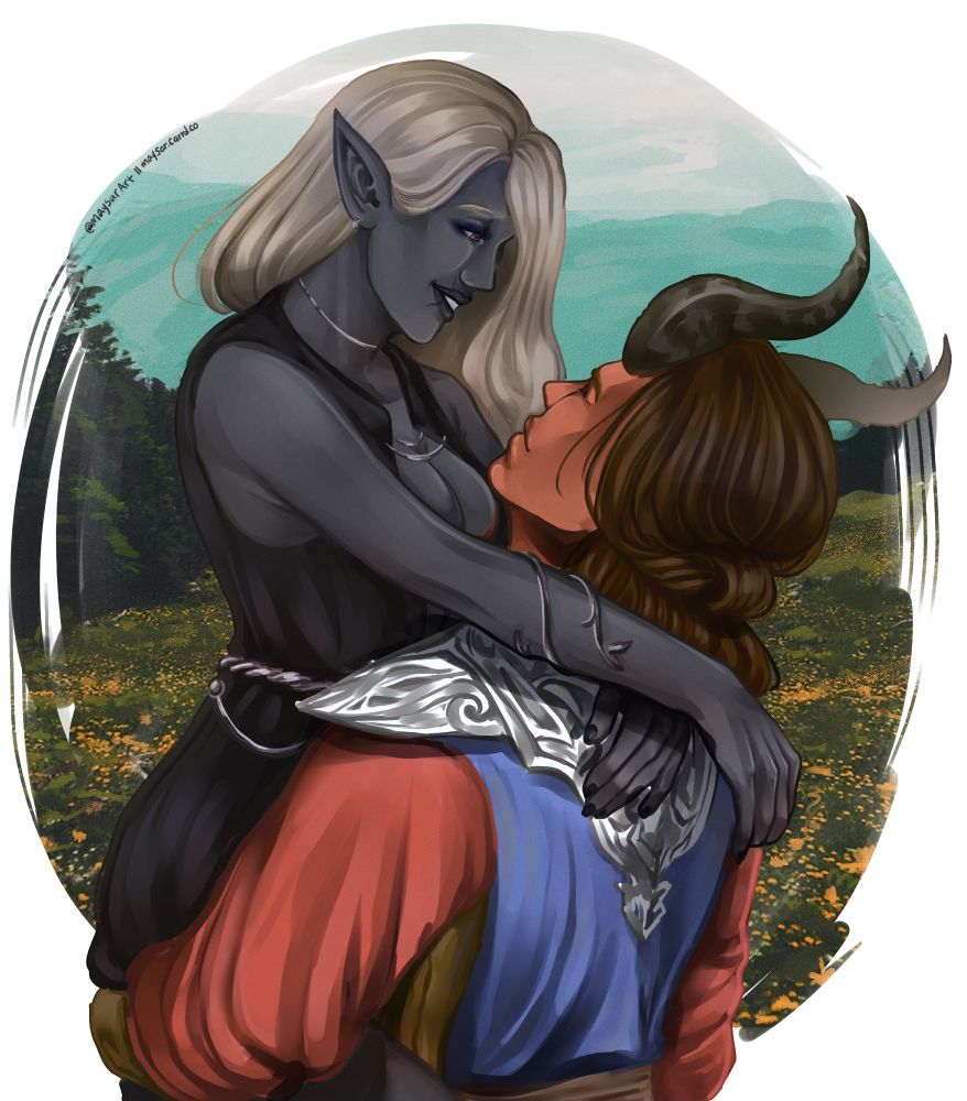 A drow woman being held up by Raphael from baldurs gate 3 in a meadow
