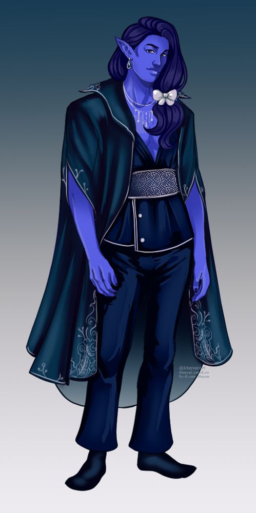 A blue skinned genasi with dark blue hair puled over his shoulder and tied in a bow. He's wearing a cape with arm holes thats decorated with white/silver accents and a blue velvet suit with similar silver details, along with silver jewlery.
