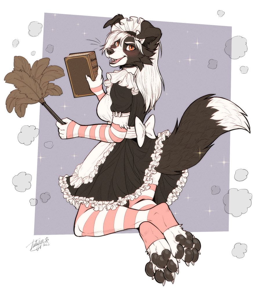 Art of Ren the anthropomorphic border collie wearing a maid dress. She is looking over her shoulder at the viewer and blushing.