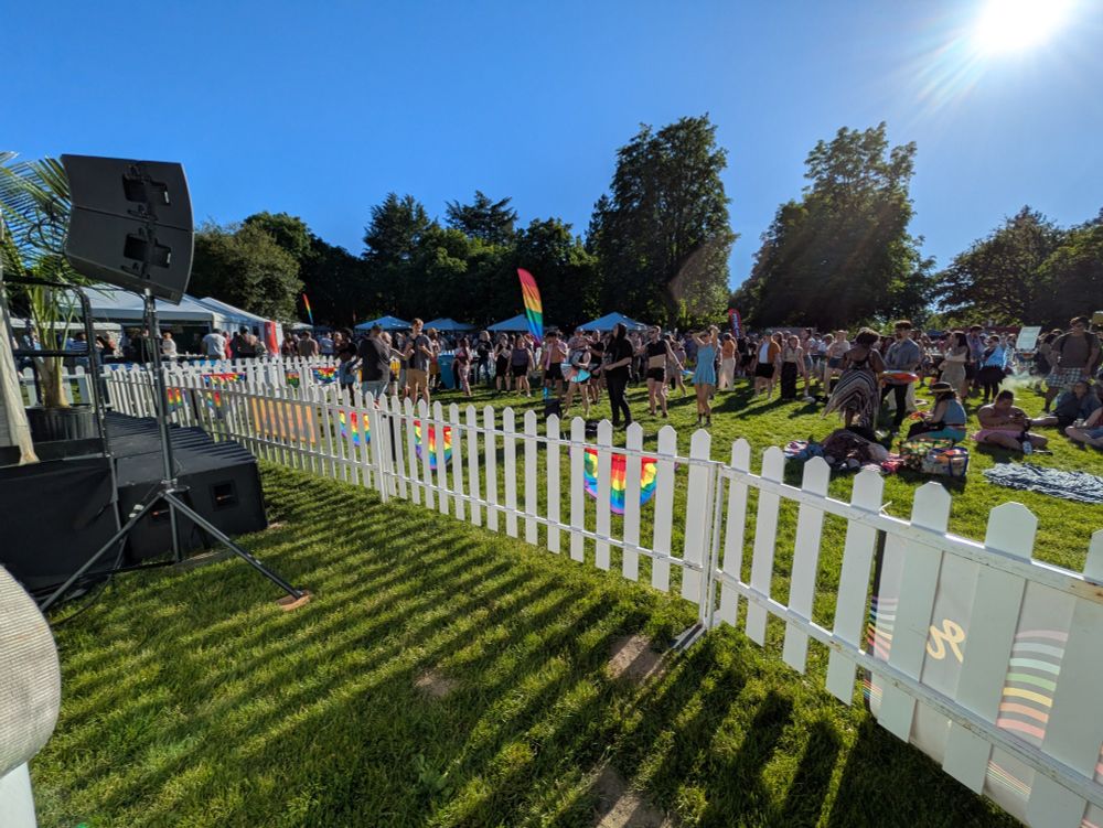 A photo of the crowd dancing in front of the stage.