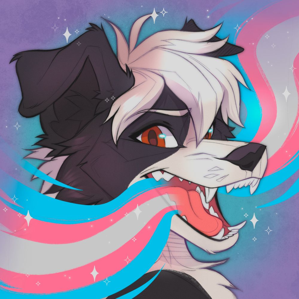 Art of a border collie looking confidently at the viewer with their mouth open while a transgender flag flows through the image.