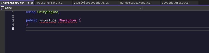 The following line of code displayed in Visual Studio: public ínterface INavigator {}