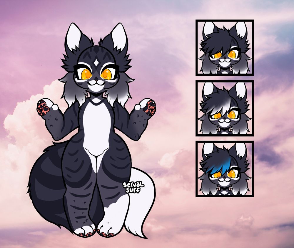Reference sheet of a monochrome fluffy tabby cat. Had three small side panels with different hair color options. Base by ServalSurf.