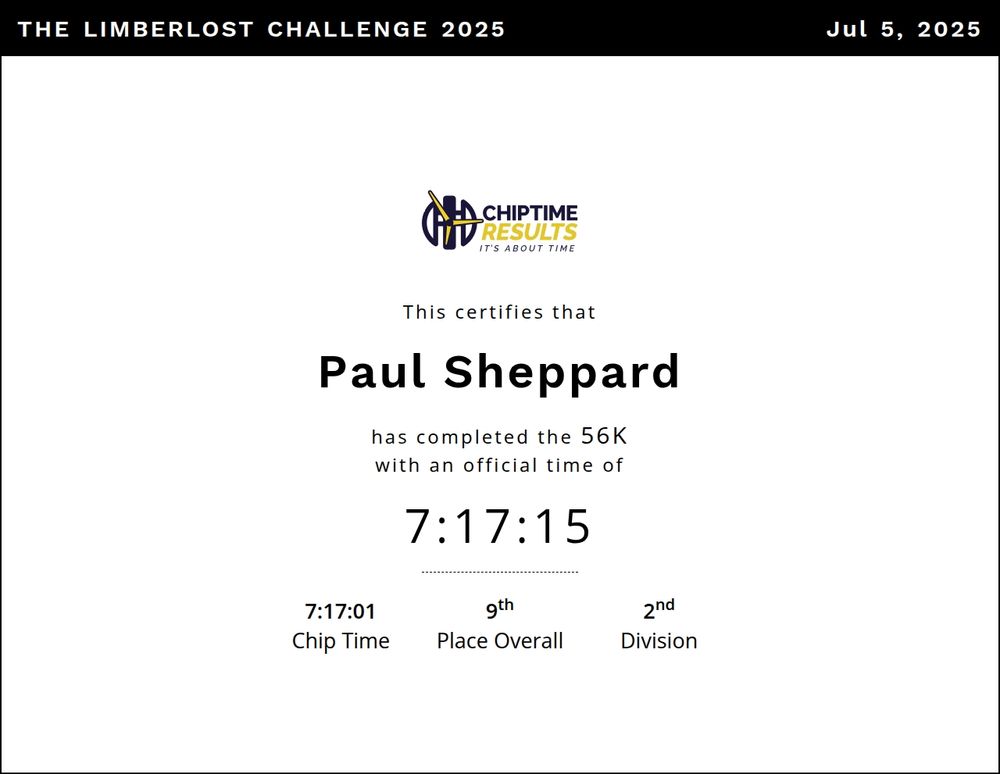 Paul's results. Ran the 56km in 7 hours 17 minutes, landing him in 9th overall and 2nd in his division (M30-39)
