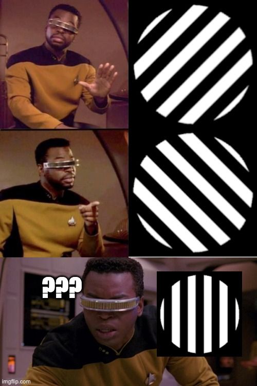 Meme depicting Geordi La Forge from Star Trek TNG confronted with the touchscreen cognitive judgement bias images