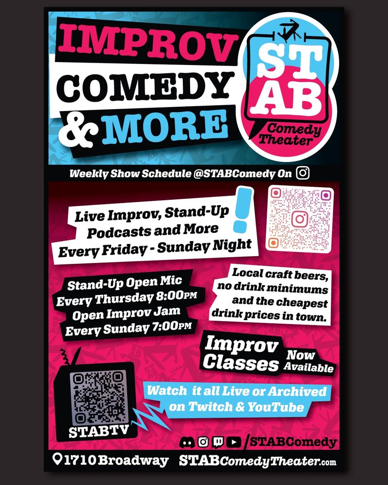 A flyer for STAB Comedy Theater boasting improv, comedy and more Friday to Sunday nights both in the theater and streamed on stabtv.com