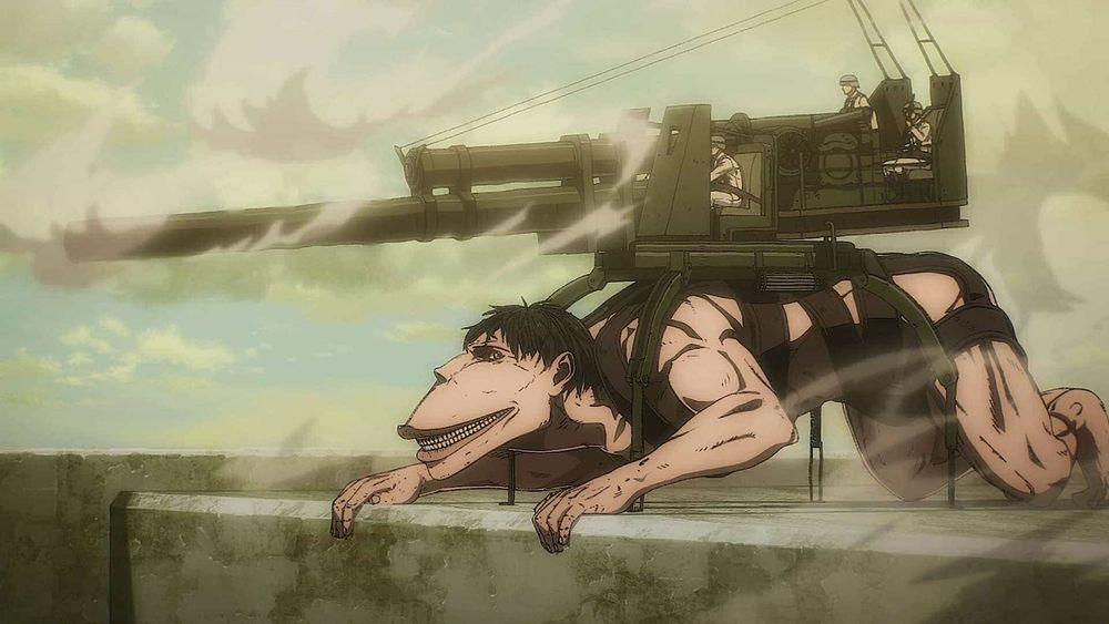 An image of the cart titan from attack on titan. A giant cannon is strapped to its back for humans to operate