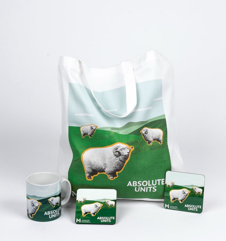 Merch (a tote bag, mug, and coasters) decorated with artwork for Absolute Units, the official podcast of The Museum of English Rural Life.