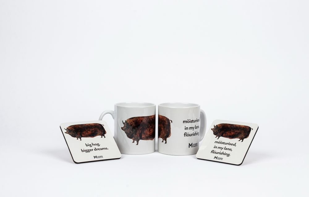 Our viral hog (a very large hog) on a mug that reads 'moisturised, in my lane, flourishing').