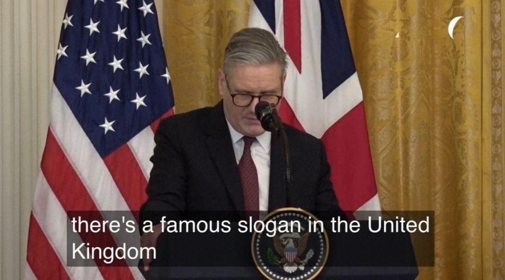 A photograph of Keir Starmer, saying 'there's a famous slogan in the United Kingdom', above a quote post of our absolute unit (a very big sheep labelled 'look at this absolute unit').