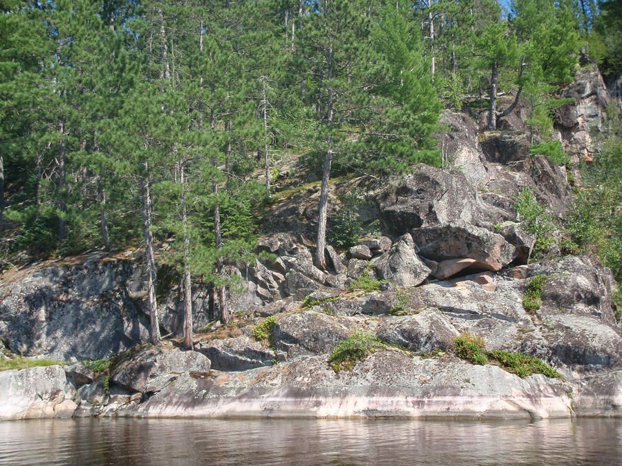 Picture on a river with a cliff face made mostly of rock but populated with some somewhat sparse trees.