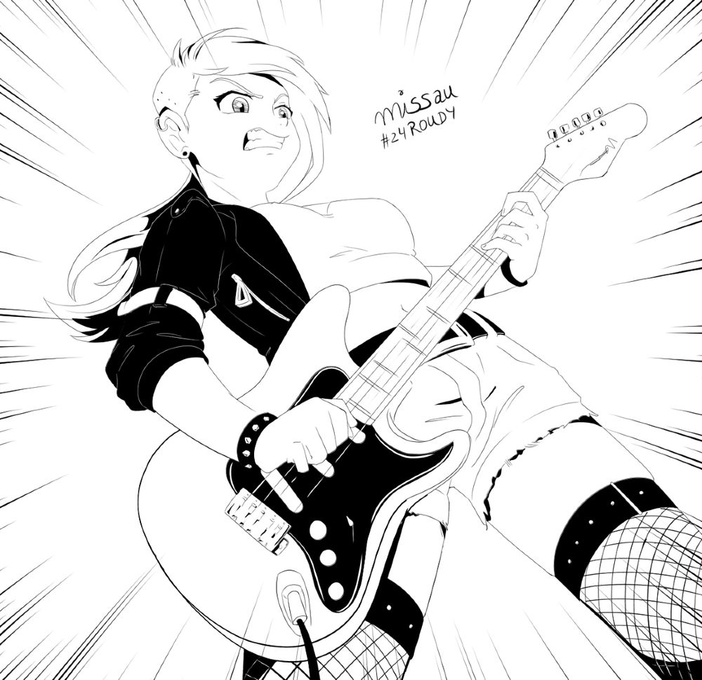 Low-angle ink illustration of a young punk woman playing an electric guitar with intensity and an immersive expression. She is wearing a cropped jacket, shorts, fishnet stockings, and piercings. Action lines emphasize the sense of noise and energy in the scene.