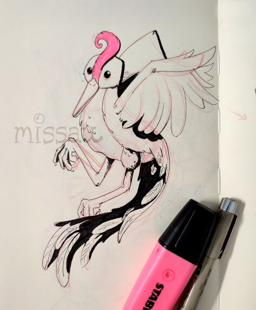 Illustration of a fantasy bird-like creature with cartoonish features. It has black and white feathers, a bright pink crest, semi-extended wings, and clawed feet. The style is energetic, with bold black inking and visible red pencil guides. Nearby are the drawing tools: a pink highlighter and a fine-tip black liner pen.
