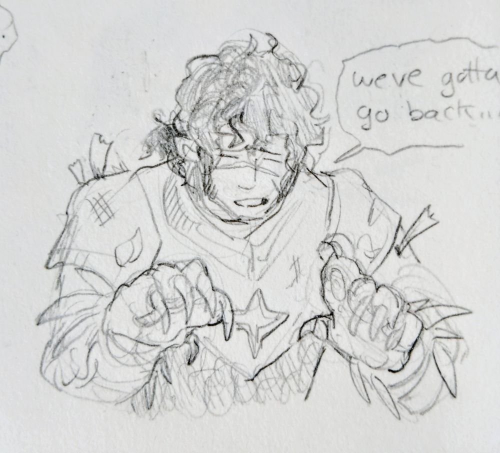 A pencil drawing of Evion's OC Damon with his hands transformed into nergigante claws. "We've got to go back..." 