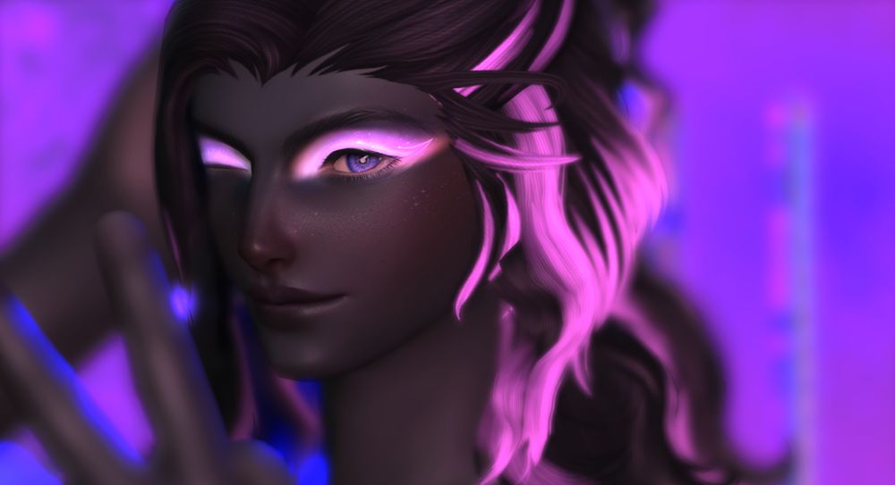 a male viera with dark skin and lilac eyes is seen smiling and winking at the viewer.  he has black hair with vibrant pink highlights. he also has glamourous vibrant pink eyeshadow with sparkles in it. 