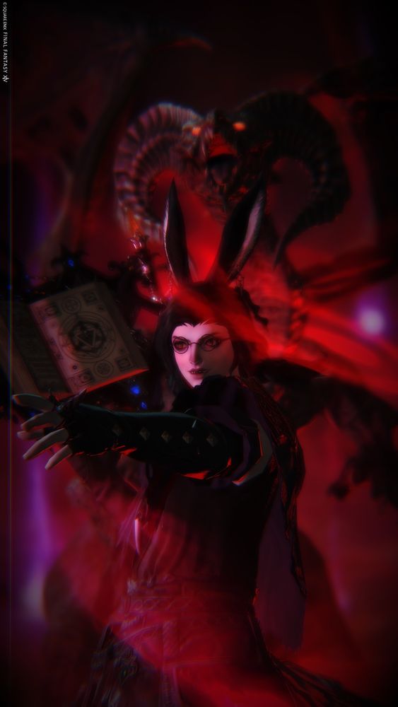 Kiran is seen standing with his left arm extended forward, hand out in a spell casting motion. In his right hand is his Grimoire, the pages open to reveal a summoning circle and various accompanying texts and diagrams. He is clothed in dark robes with fingerless gloves. Red magic swirls around him, the rest of the area around him is dark. Looming behind him is a massive dread wyrm, its eyes glowing red and its maw wide open in a roar. Visual subtext suggests that Kiran has control of this creature and it does his bidding. The power he feels from his magic elicits a wild-eyed grin. Gods, it feels good to be a mage.