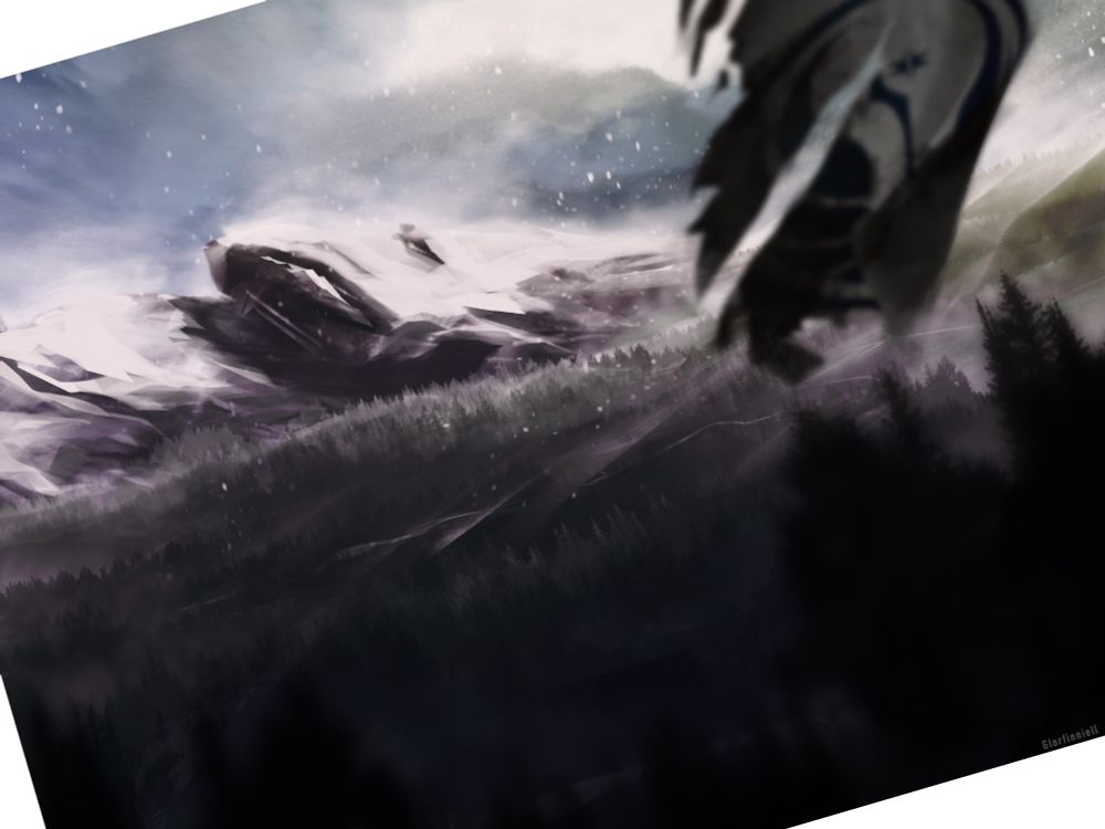 Landscape of Alderaan, with a damaged Republic flag.
