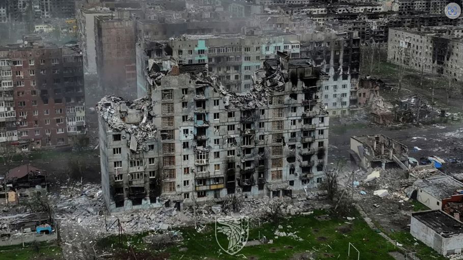 Bird's eye view of destroyed high rise apartments buildings of Bakhmut.