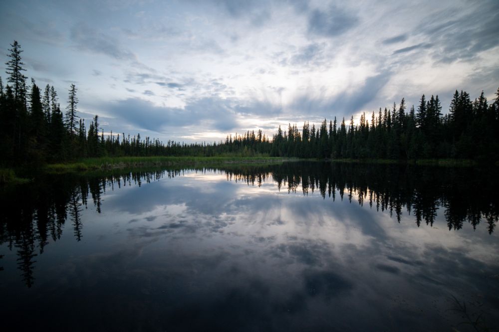 Evening view of Ballaine Lake in Fairbanks, Alaska, shortly after sunset. Dark spruce trees line the far shore, mirrored clearly in the still water. Above, a sky streaked with soft gray and blue clouds is also reflected in the lake.