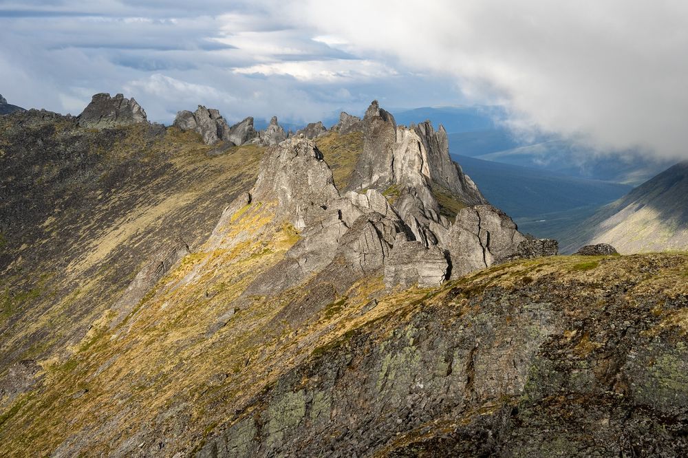 Dramatic granite rock spires known as the Windchimes rise from a golden-colored mountain ridge. Bright sunlight illuminates the weathered rock formations and surrounding slopes covered in golden alpine vegetation. Dark storm clouds gather in the background sky, while distant mountain valleys are visible through breaks in the weather.