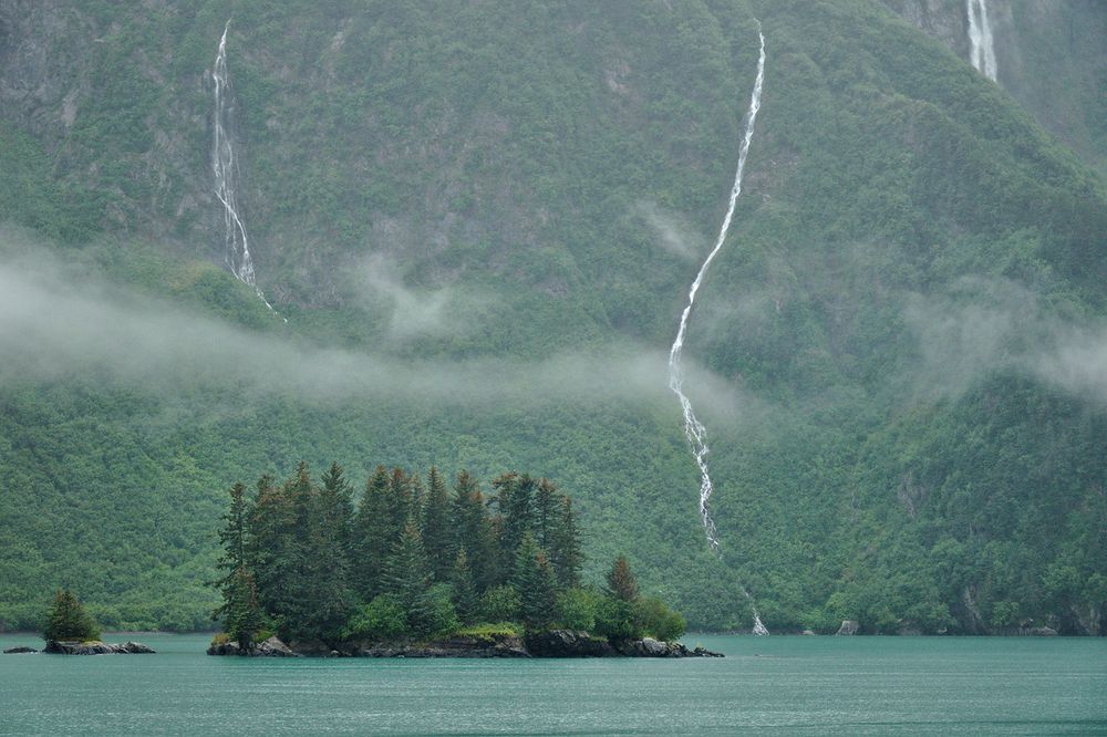 A small, rocky island covered in dense spruce trees sits in the foreground of Prince William Sound on a rainy, overcast day. The island is surrounded by calm, turquoise-gray water, reflecting the subdued light. In the background, steep, forested mountains rise abruptly, their dark green slopes streaked with thin white waterfalls cascading down the cliffs. Wisps of low-hanging fog drift across the mid-slope, partially obscuring the waterfalls and adding a sense of depth and atmosphere.