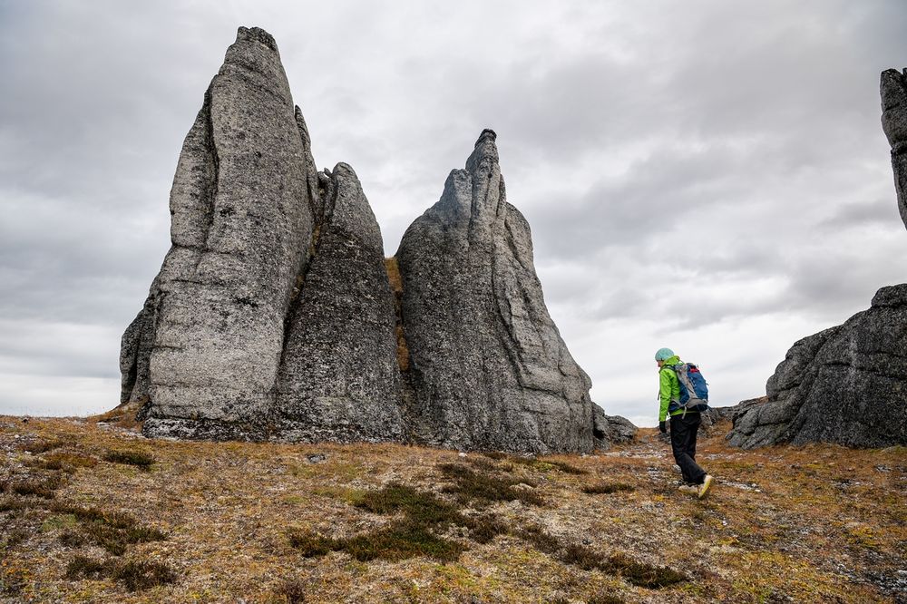 A hiker wearing a green jacket, black pants, boots, and a large backpack walks toward towering gray granite rock formations known as the Windchimes. The rocks rise sharply from the tundra, with vertical ridges and narrow gaps between them. The foreground is covered in low autumn tundra vegetation in shades of brown and gold.
