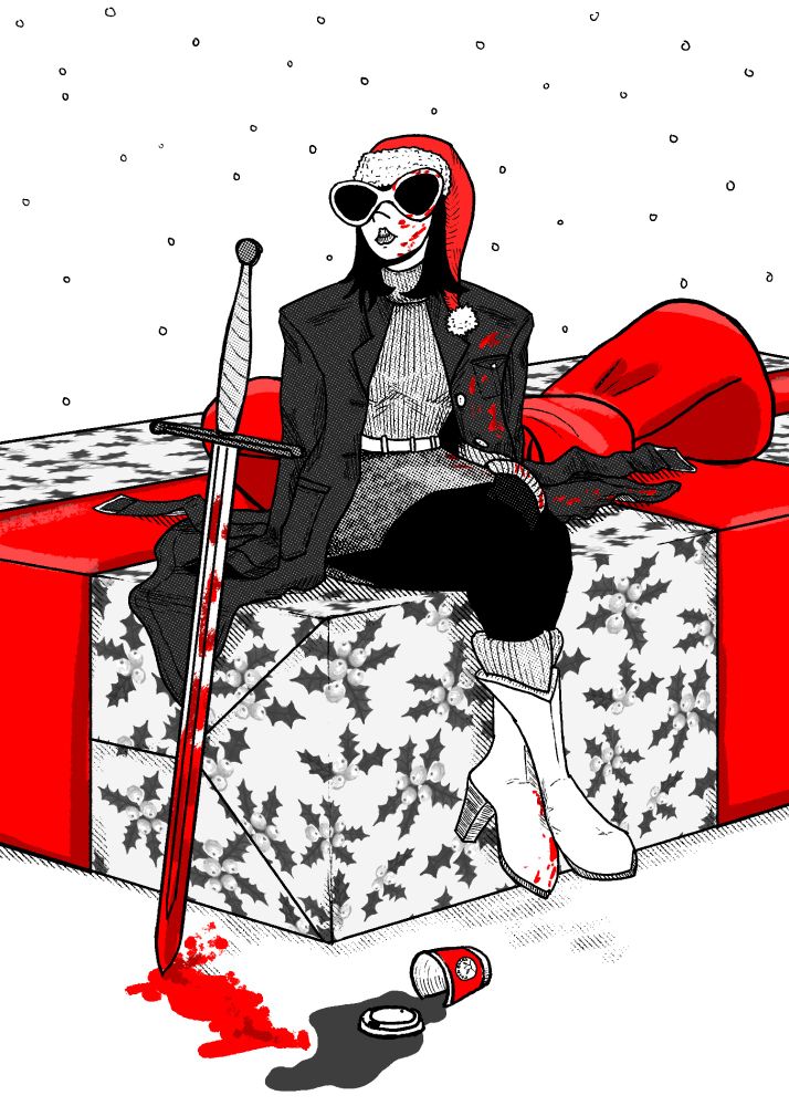 yass queen slay, lady in a chic jacket sweater skirt boots outfit wearing a santa hat sitting on a giant wrapped christmas present, with a bloody longsword beside her.