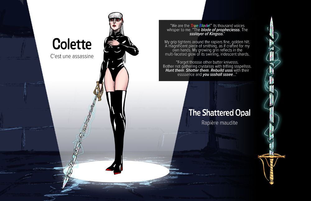 tall scary looking lady in a shiny bodysuit and tall boots with a rapier made of floating opal shards